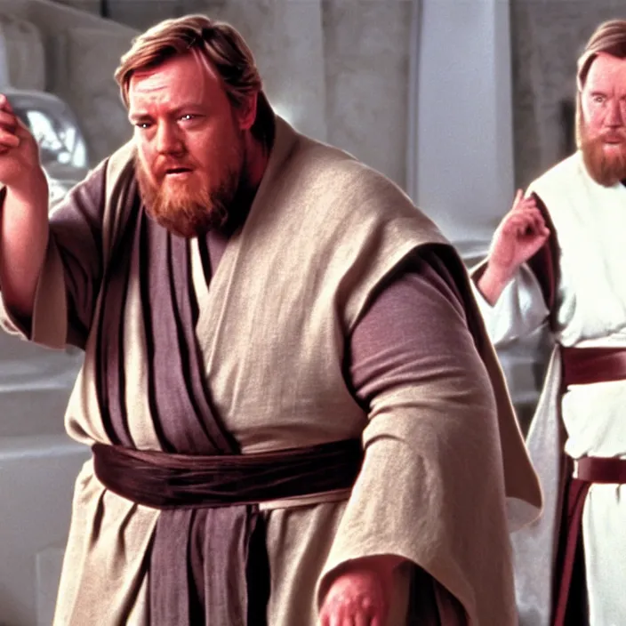 Image similar to obi wan kenobi but obese!! and overweight, photoralistic rendering, movie still, screenshot, hyperdetailed