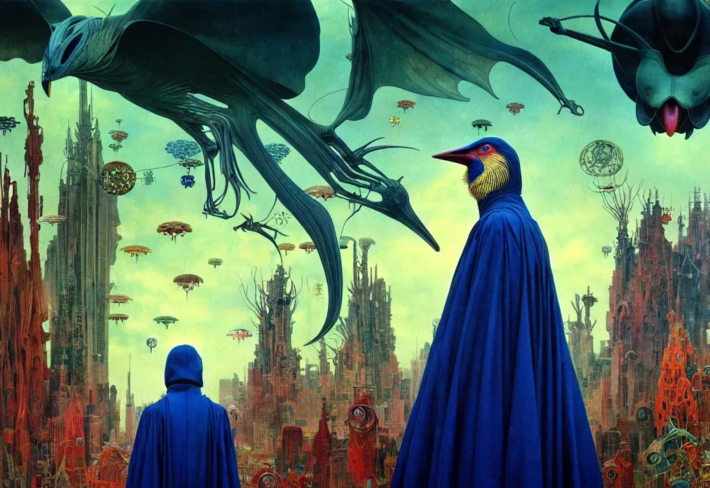 Prompt: realistic detailed portrait movie still of a birdman wearing dark robes, sci fi city landscape background by denis villeneuve, amano, yves tanguy, alphonse mucha, ernst haeckel, max ernst, roger dean, masterpiece, rich moody colours, cinematic, blue eyes, snarling dog teeth