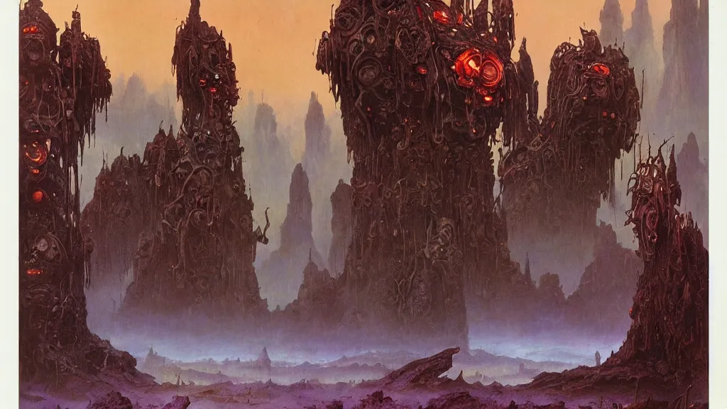 Image similar to surreal eerie alien planet empire with strange biomechanical plants by frank frazetta and bruce pennington, cinematic matte painting