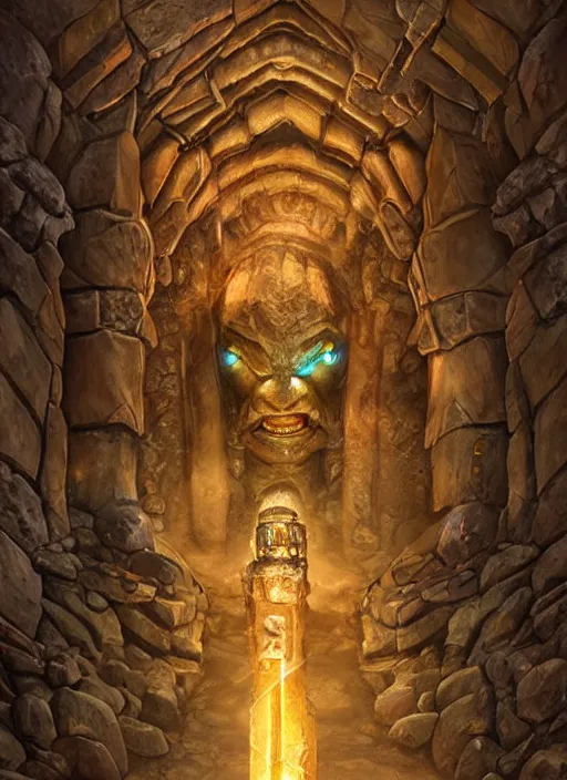 Prompt: a towering stone carved golem with a crystal core, in an ancient vault full of piled gold coins, stone pillars, fantasy digital painting, stunning intricate details, torch lighting, artwork by ross tran, artgerm