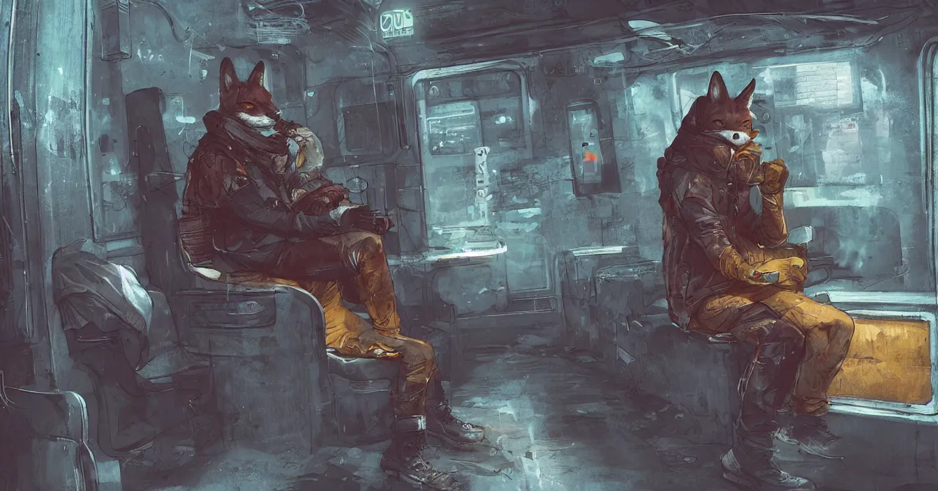 Prompt: Imagination of intelectual homeless fox with hood over head and old coat, sits on a dirty cold seat in a old cyberpunk subway car, cyberpunk 2077, amazing digital art