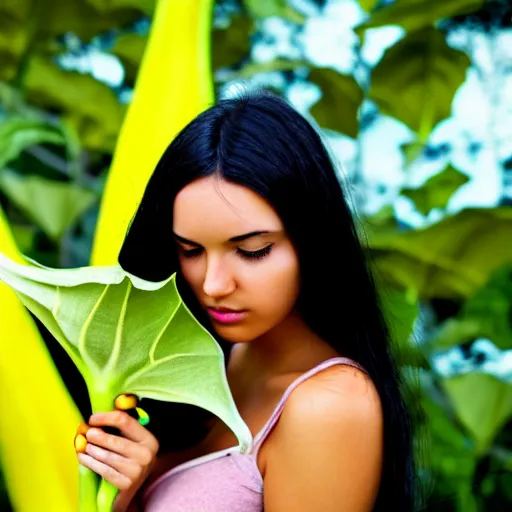 Image similar to beautiful girl with black hair, holding brugmansia flower, colour, dark scenery, sad