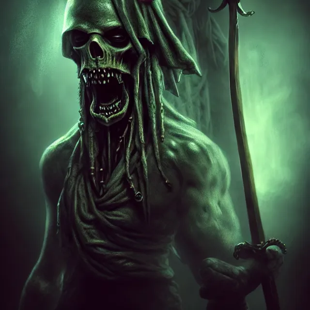 Image similar to photo of a ghostly pirate head and torso, holding a sword and standing in a grotto, photorealistic, dark, lovecraft, paul carrick, atmospheric lighting, painted, intricate, ultra detailed, well composed, best on artstation, cgsociety, epic, stunning, gorgeous, intricate detail, wow, masterpiece