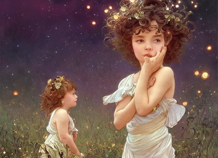 Prompt: A cute little girl with shoulder length curly brown hair and a cute little boy with short blonde hair dancing with fireflies. beautiful fantasy art by By Artgerm and Greg Rutkowski and Alphonse Mucha, trending on artstation.