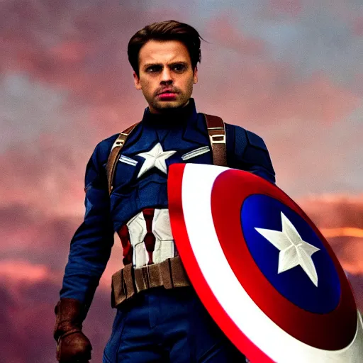 Image similar to sebastian stan as captain america, cinematic shot with sparkles and destroyed land, imax, high quality image, movie hollywood, commosition