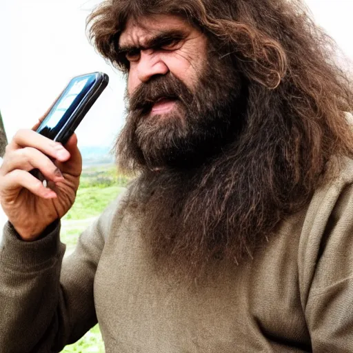 Prompt: a caveman using an iPhone