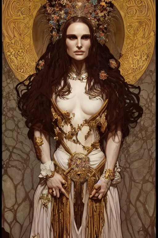 Image similar to natalie portman as queen of the undead, painted by nekro, alphonse mucha, dark - fantasy, intricate detail, artstation, cgsociety, rococo, gold leaf art