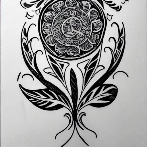 Prompt: beautiful flower in Voynich manuscript style. outline tattoo design, black ink on white paper