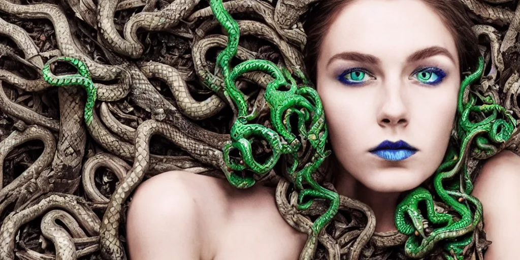 Prompt: queen of snakes, rotting crown of vines, detailed face, piercing green eyes and blue skin