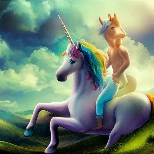 Image similar to dream : a fabulous landscape, a magical unicorn. a boy is sitting astride him. a cat is lying