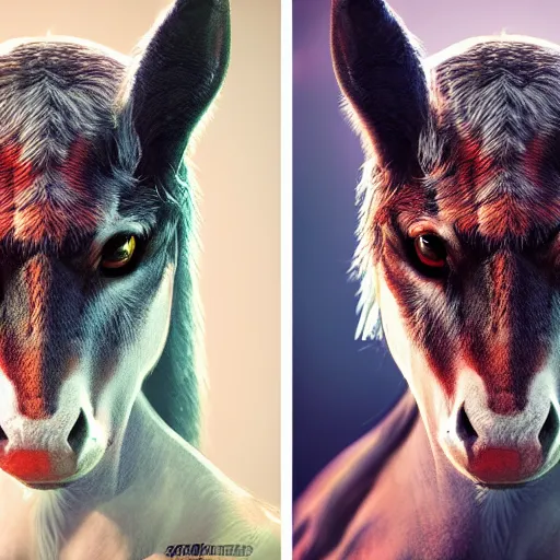 Prompt: A hyper real comic book style portait painting of a horsecat, unreal 5, hyperrealistic, octane render, cosplay, RPG portrait, dynamic lighting