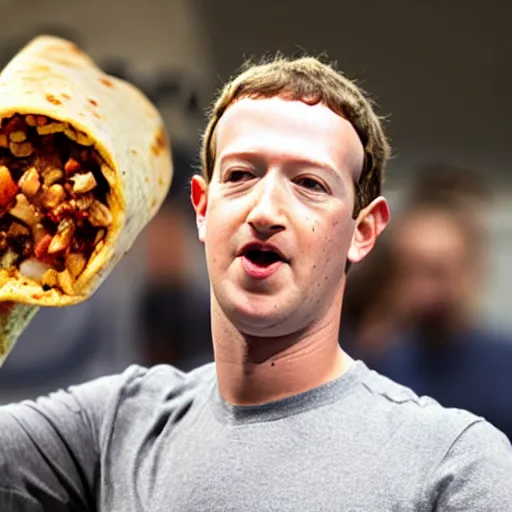 Image similar to photograph of Mark Zuckerberg eating an extremely large burrito