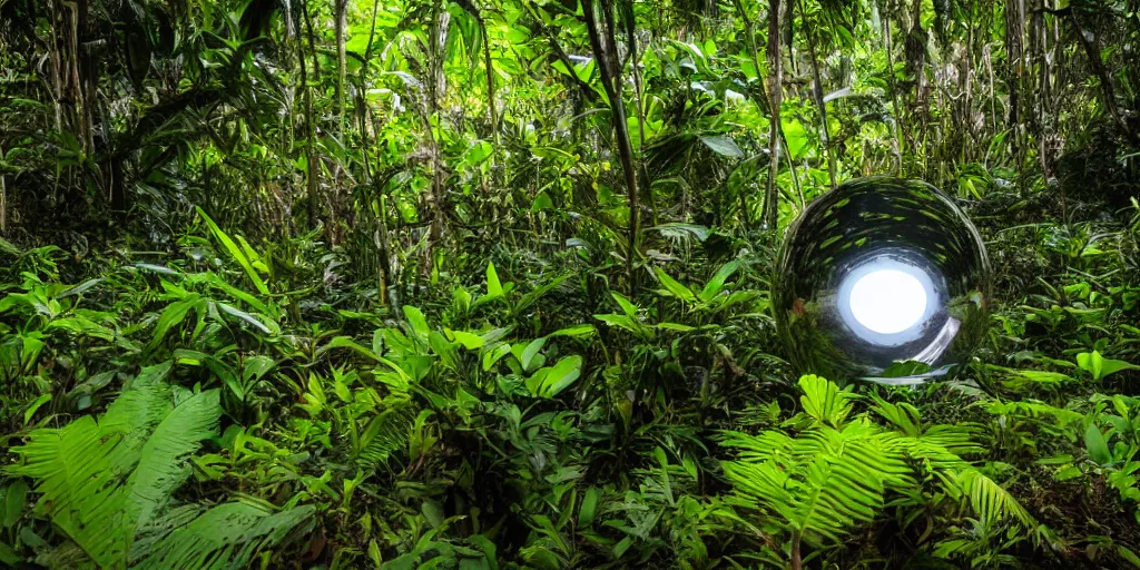 Image similar to photo of a chrome blob deep in tropical jungle, sharp wide shot