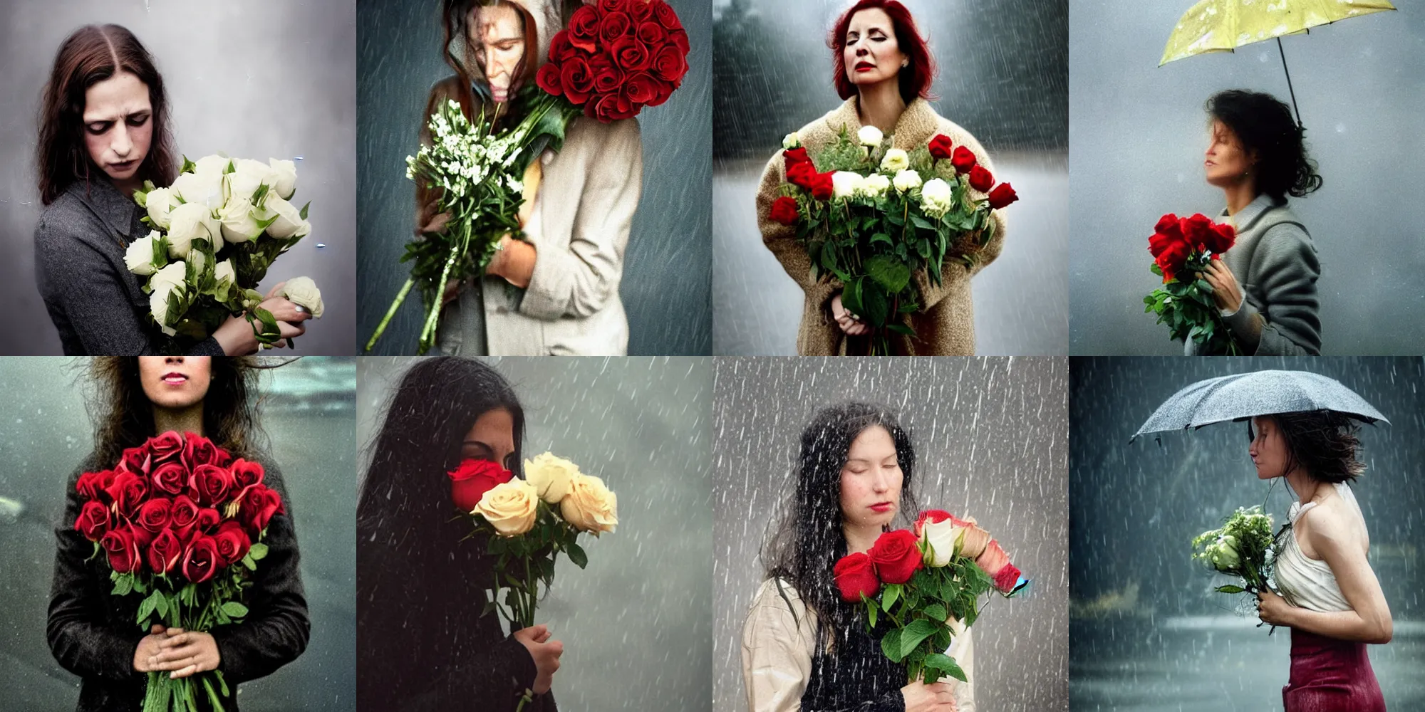 Prompt: a photo of a sad woman clutching a rose bouquet in the rain!!!!!!!!!!, photorealistic!!!!!, photo by annie leibovitz, moody