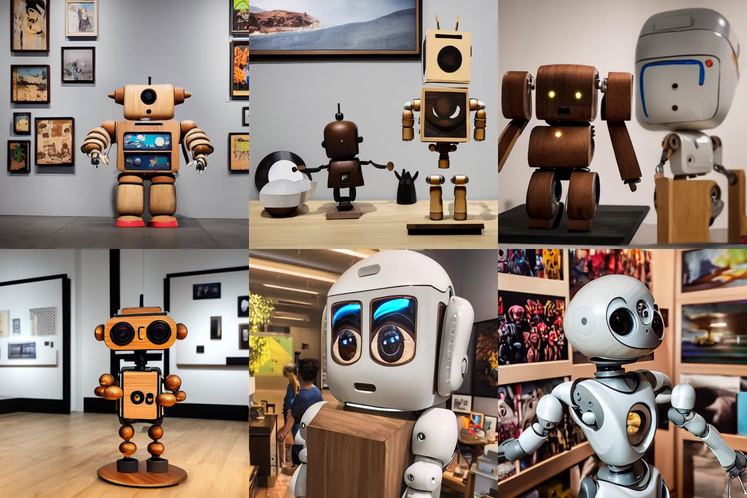 Prompt: ultra realistic 8k octan photo, collection wooden art toys on stand, very cute robot zen, in a contemporary art gallery in style bansky