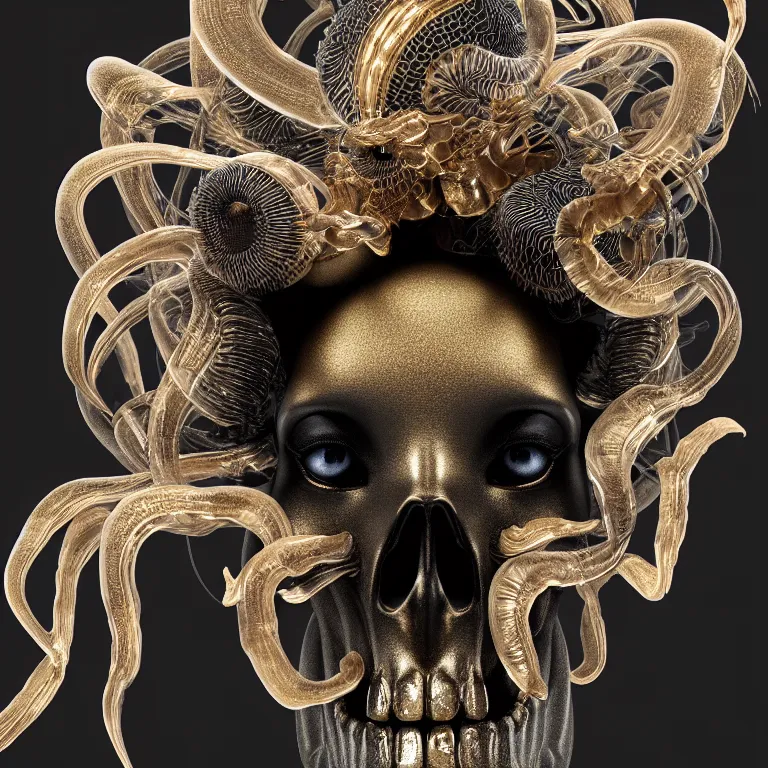 Image similar to black background. absolutely symmetrical sculpture. centered. goddess princess face close-up portrait ram skull. sculpture made of gold and black charcoal. jellyfish phoenix head, nautilus, orchid, skull, betta fish, bioluminiscent creatures, intricate artwork by Tooth Wu and wlop and beeple. octane render, trending on artstation, greg rutkowski very coherent symmetrical artwork. cinematic, hyper realism, high detail, octane render, 8k