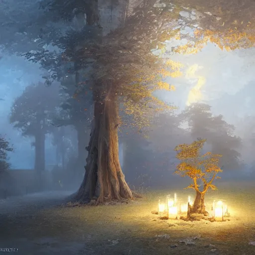 Prompt: Concept art, beautiful painting of a gingko tree, shining its light among candles, 8k, james gurney, greg rutkowski, john howe, artstation