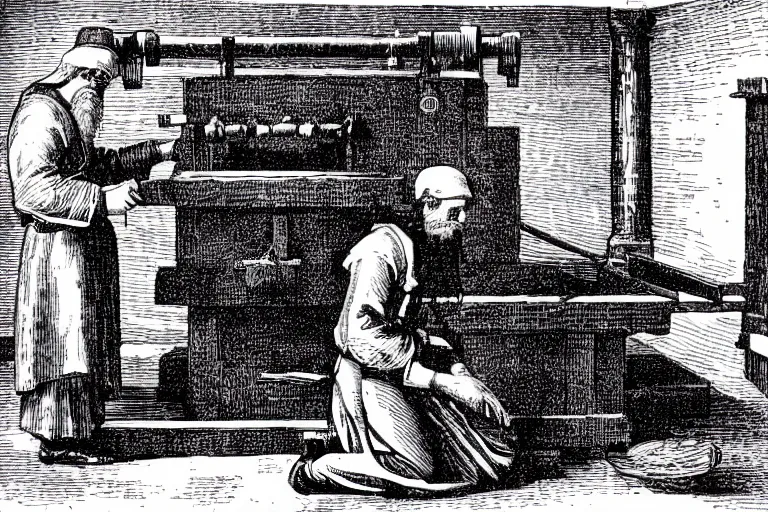 Image similar to still photo of johannes gutenberg inventing the printing press, highly detailed, photorealistic shot, bright studio setting, studio lighting, crisp quality and light reflections, unreal engine 5 quality render