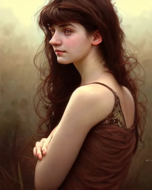 Image similar to portrait of a welsh teenage girl with brown hair, dark brown eyes, glowing skin, delicate features, quiet beauty, amelie poulain, fantasy, intricate, elegant, floral, dress shirt, highly detailed, digital painting, artstation, concept art, smooth, sharp focus, illustration, art by Krenz Cushart and Artem Demura and alphonse mucha