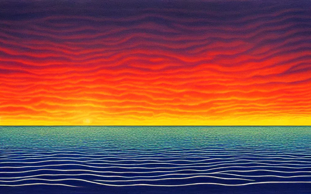 Image similar to scene of an ocean sunset in the style of a surrealist optical illusion detailed painting