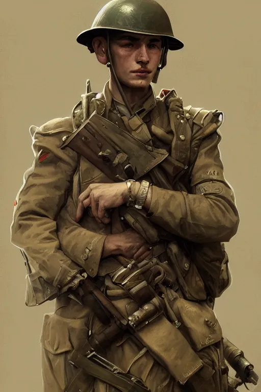 Image similar to A full portrait of a world war two soldier, intricate, elegant, highly detailed, digital painting, artstation, concept art, smooth, sharp focus, illustration, art by Krenz Cushart and Artem Demura and alphonse mucha