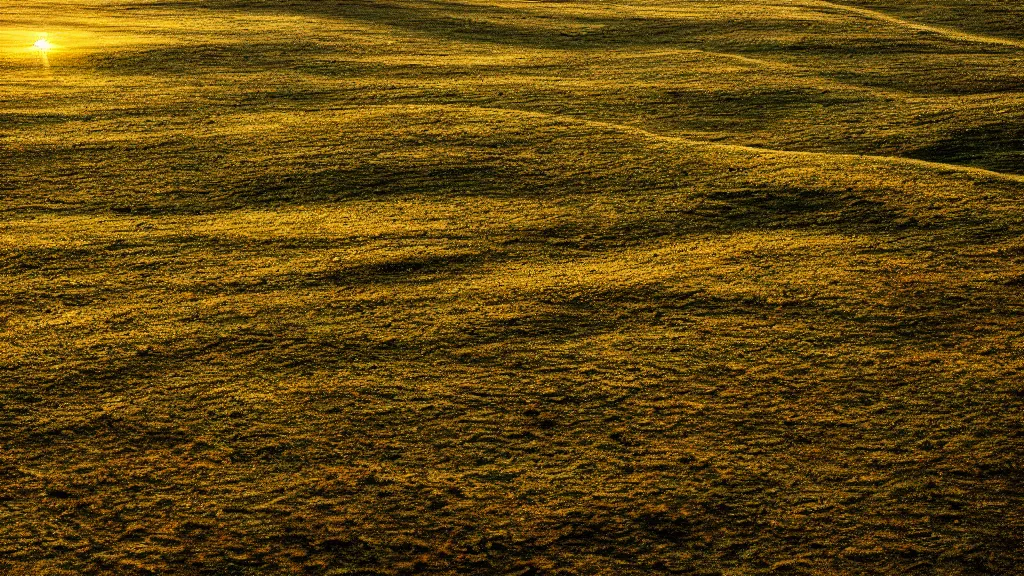 Prompt: Still from a terence malik film, beautiful 8k golden hour washes of color. contrast of light and dark. birds eye view cinematic. It is dark all around. The wind and light making dramatic whorls and spiral patterns of shadow and light in the grass. blinding silver, viridescent, at play. spangled.