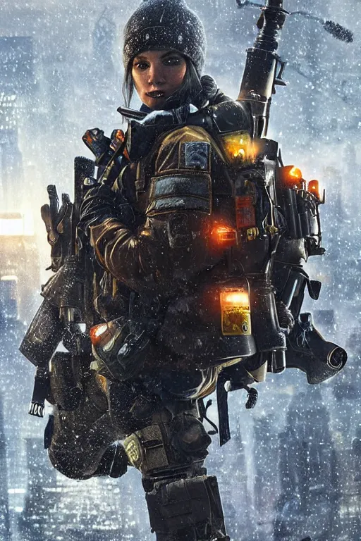 Image similar to close up of an agent from (Tom Clancy's The Division), snowy new york in background, high detail, digital art, trending on artstation, by Tom Garden