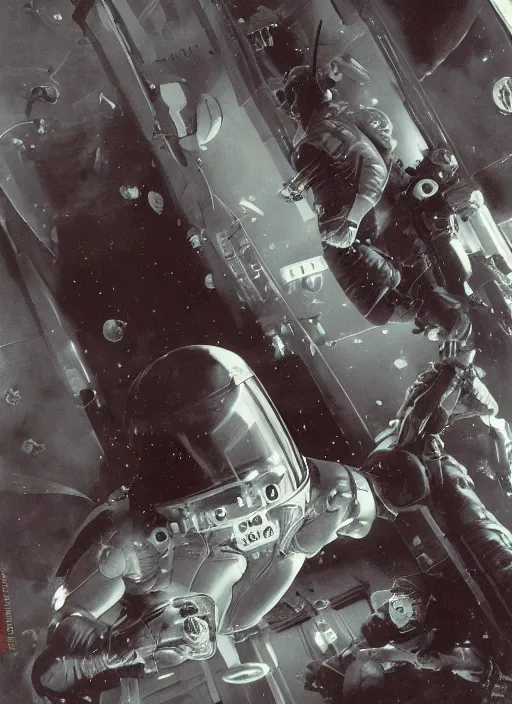 Image similar to astronauts in dark and empty void underwater - complex composition. reflection and dispersion materials. rays and dispersion of light. volumetric light. 5 0 mm, f / 3 2. noise film photo. flash photography. ultra realistic, wide angle. poster by wayne barlowe, hajime sorayama aaron horkey, craig mullins. dark key.