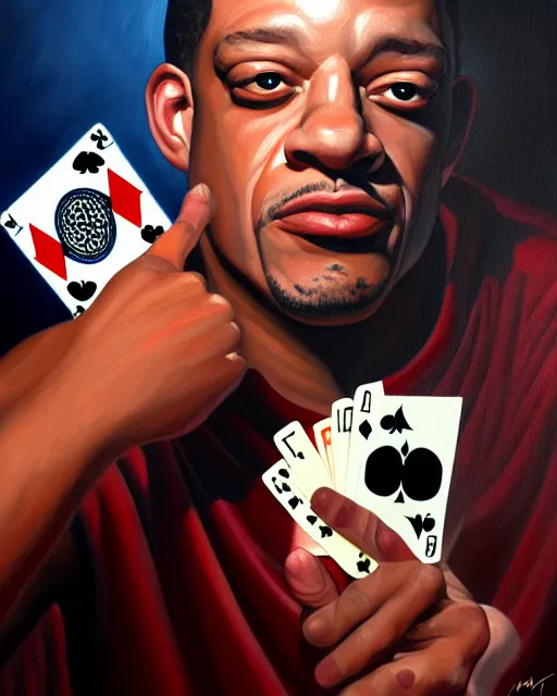 Prompt: a painting of a beautiful joey starr surrounded by playing cards, an ultrafine detailed painting, by mark brooks, centered full body, featured on deviantart, fantasy art, detailed painting, deviantart, anime