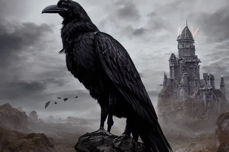 Prompt: For centuries the kingdom of Iraden has been protected by a god known as the Raven. Photo-realistic UHDR, hyperrealism, highly detailed, cinematic, luminescence, 32k, high contrast, intricate, mystery, epic, dark fantasy