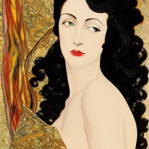 Prompt: oil painting of a portrait of a Queen dark curly hair, fair skin, by Patrick Nagel, by Georgia O Keeffe, by Yoshitaka Amano, by Gustave Moreau, art deco, matte drawing, storybook illustration, tonalism, realism