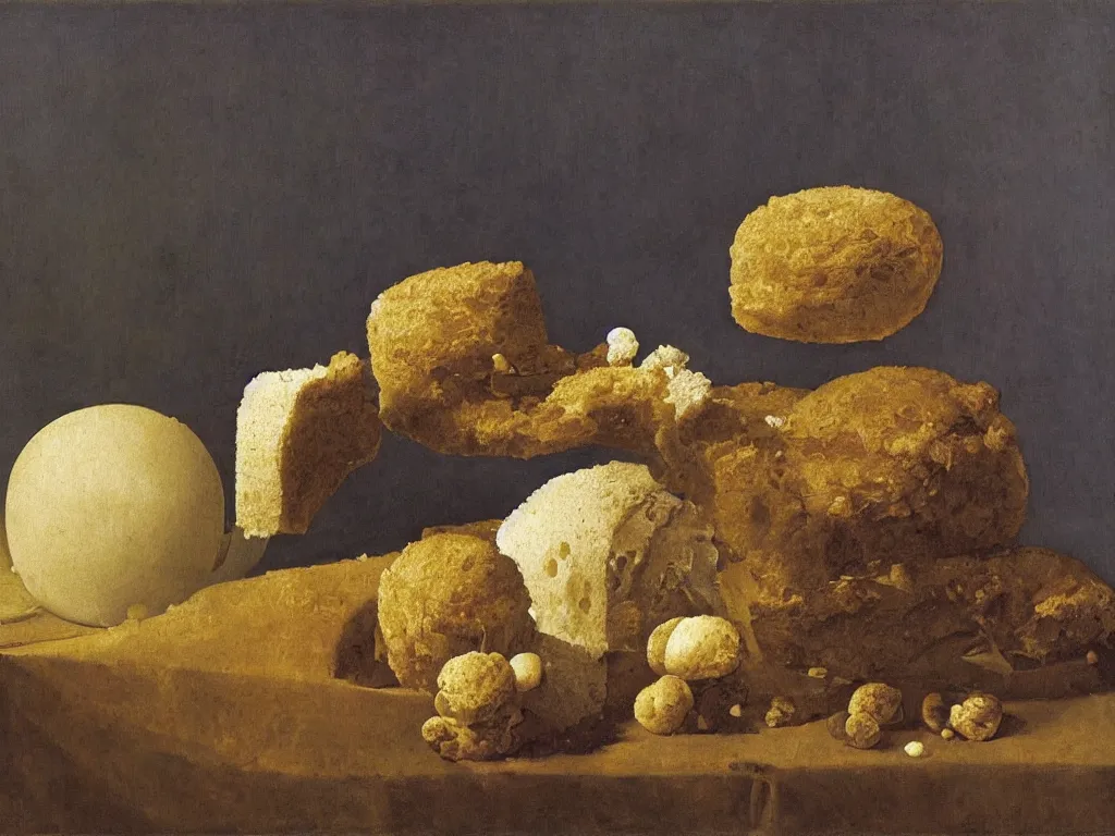 Image similar to still life with fluffy, giant diaphanous sponge - like mold raising out of an old bread. painting by zurbaran, max ernst, agnes pelton, morandi, walton ford