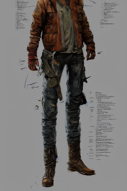 Prompt: character design, reference sheet, 4 0's adventurer, stained dirty clothing, leather bomber jacket, realistic, hyperdetailed, concept art, chiaroscuro, art frank frazetta