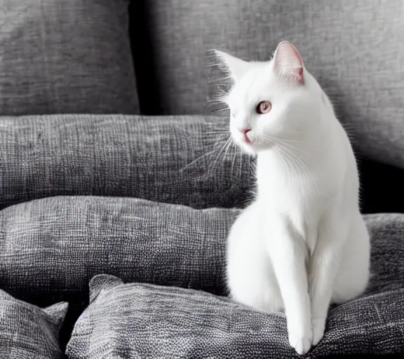 Image similar to a cute white oriental short-haired cat standing on comfy black and white pillows, photograph, 4k, HD