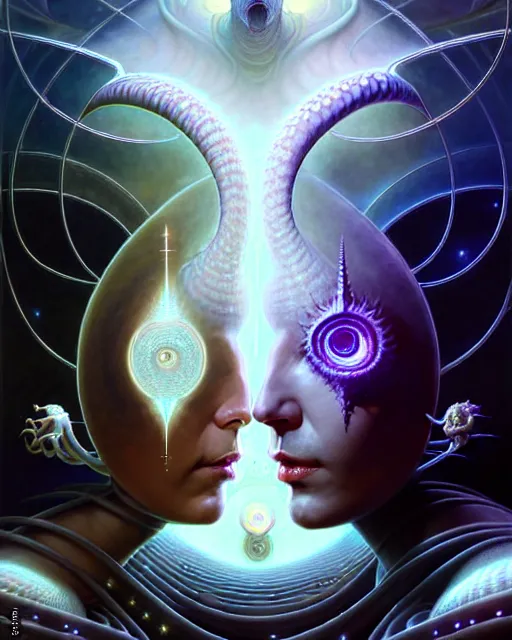 Image similar to a portrait of gemini light and dark fantasy character portrait made of fractals facing each other, ultra realistic, wide angle, intricate details, the fifth element artifacts, highly detailed by peter mohrbacher, hajime sorayama, wayne barlowe, boris vallejo, aaron horkey, gaston bussiere, craig mullins