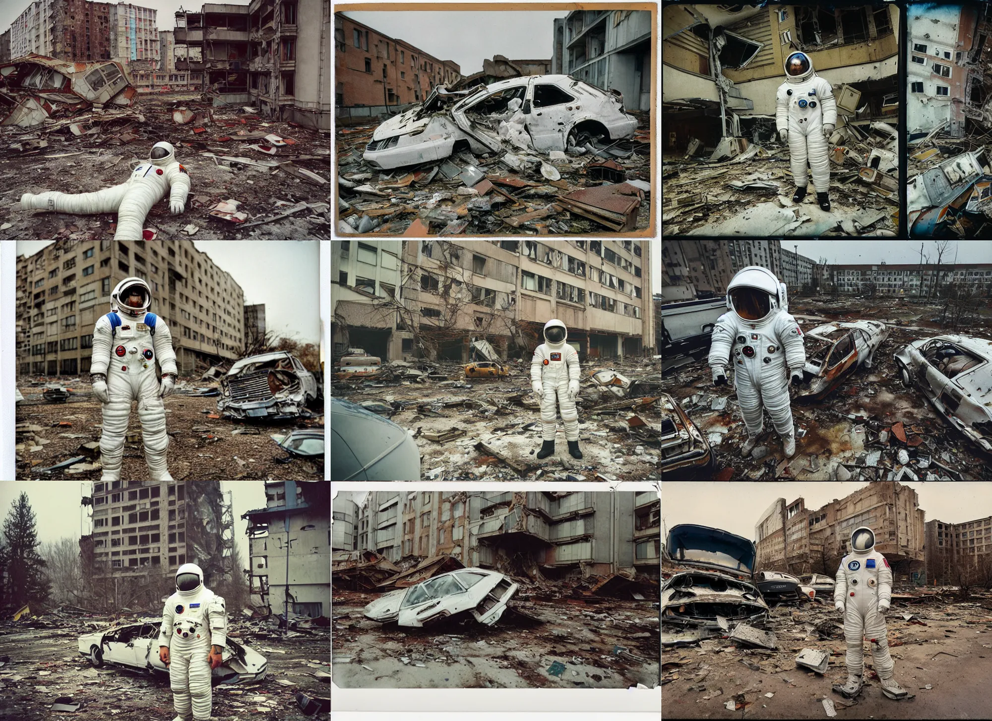 Prompt: very sad american white spacesuit astronaut in postapocalyptic abandoned destroyed legnica centre, wrecked buildings, destroyed flipped wrecked cars, polaroid photo, vintage, neutral colors, rainy day, by gregory crewdson