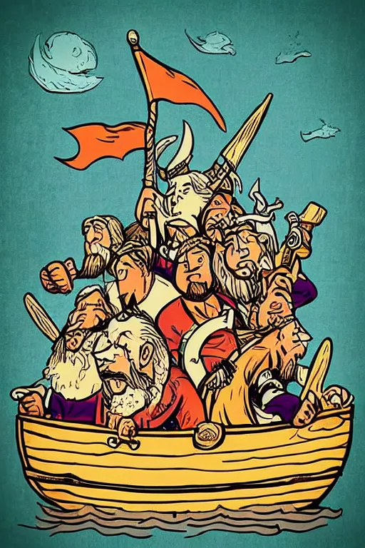 Prompt: “Poster of Vikings in a viking boat. Retro cartoon caricature.”