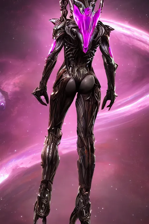 Image similar to galactic hyperdetailed elegant beautiful stunning giantess valkyr warframe goddess rear shot, sharp spines, sharp metal ears, smooth purple eyes, smooth fuschia skin, silver armor, bigger than galaxy, epic proportions, epic scale, epic size, warframe fanart, destiny, furry, dragon art, goddess art, giantess art, furaffinity, octane render