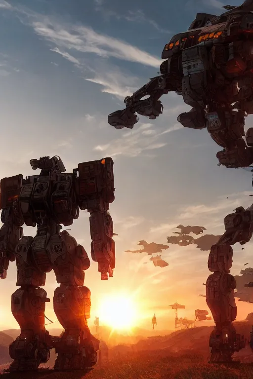 Image similar to A real photo of a Huge Mechwarrior prepared for battle and the sunset in the distance, by Josan Gonzalez, Yoji Shinkawa and Geof Darrow, highly detailed, Unreal Engine Render, 3D, 8k wallpaper