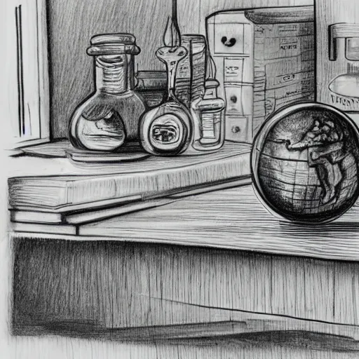 Image similar to planet earth inside an apothecary jar on a desk, pencil drawing, detailed