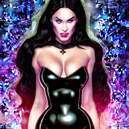 Image similar to portrait of megan fox as zartanna, wearing a tight black latex dress with galaxy lights and stars, sultry muscular body, fantasy, intricate, elegant, highly detailed, digital painting, artstation, concept art, matte, sharp focus, perfect face symmetry, illustration, art by aenaluck and roberto ferri and greg rutkowski, epic fantasy, digital painting