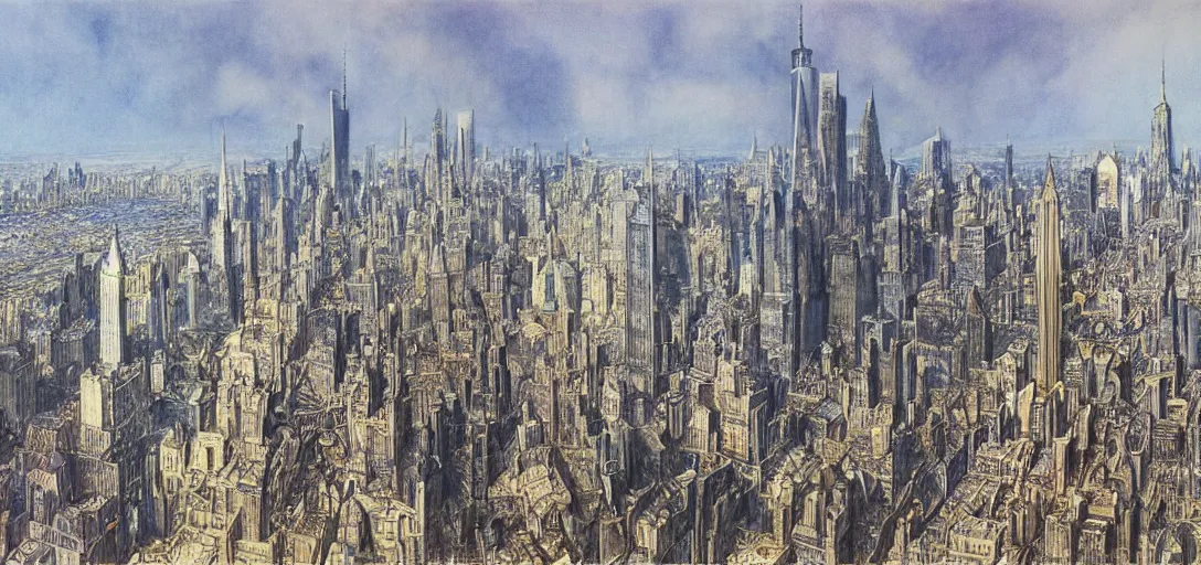 Prompt: Futuristic landscape of New York City in the year 2050 by Alan Lee