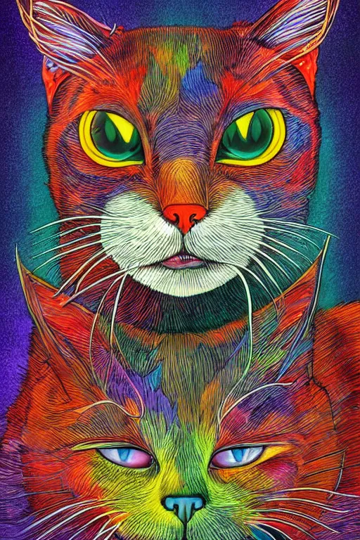 Image similar to demon cat, art by brian miller, colorful, illustration, highly detailed, simple, no jagged lines, smooth