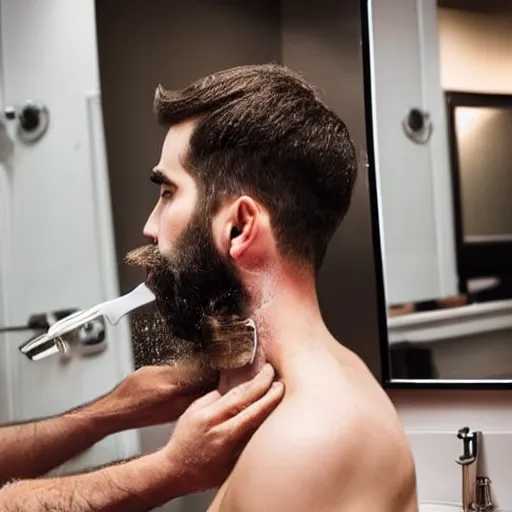 Prompt: man shaving beard into sink