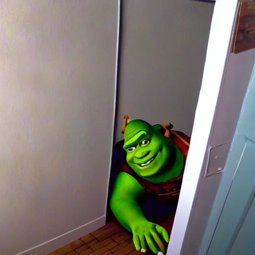 Image similar to shrek creeping into room, pov from bed