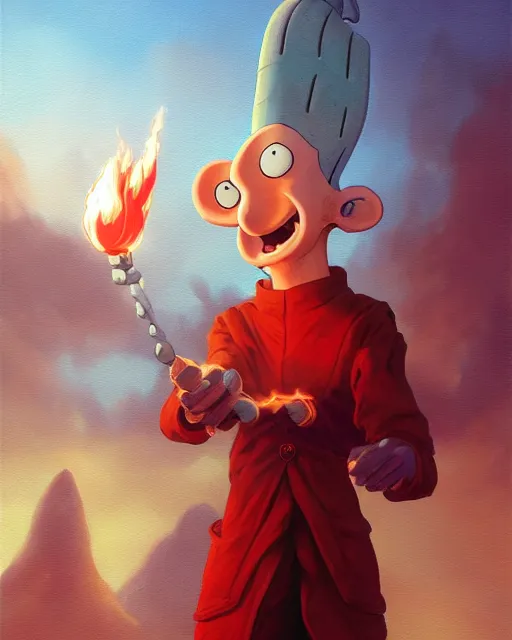 Image similar to [ squidward ] wearing fire nation clothing and practicing firebending outside at susnset, oil painting, highly [ detailed ], intricate, hd, sharp focus, photorealistic, by moebius and greg rutkowski, trending on artstation, trending on cgsociety, realistic shading and lighting