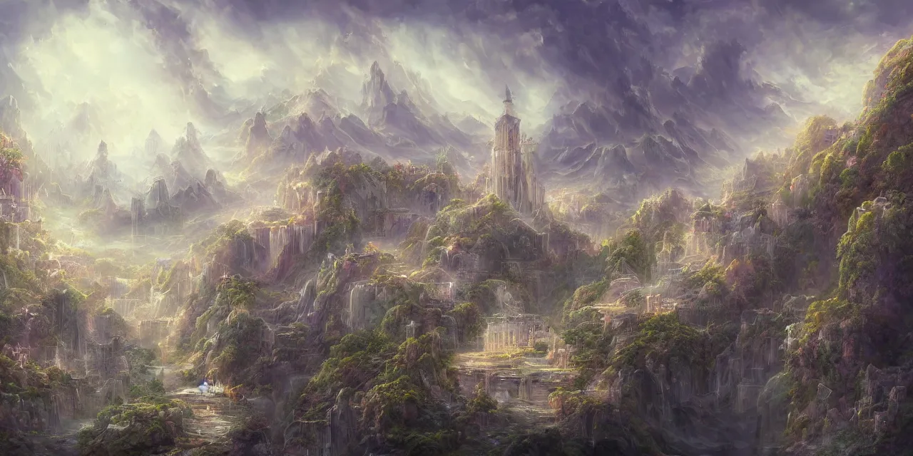 Image similar to a beautiful painting of sky palace, god, musical notes in blind eyes, rivers, angels, deep roses, secret, infinite, a huge sence, ultrawide viewn and highly detailed matte painting, trending on artstation