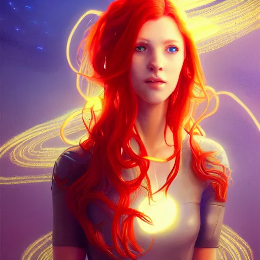 Image similar to highly detailed portrait of a red-haired young woman wearing a futuristic blue tunic, floating in a field of glowing golden tentacles, octane render, trending on artstation, by Artgerm,Greg Rutkowski,Alphonse Mucha, 4k resolution