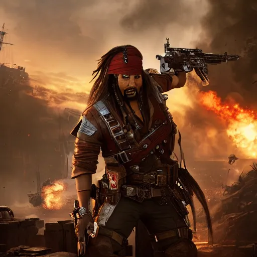 Image similar to captain jack sparrow in'gears of war '!!!, splash art, movie still, cinematic lighting, dramatic, octane render, detailed face, long lens, shallow depth of field, bokeh, anamorphic lens flare, 8 k, hyper detailed, 3 5 mm film grain