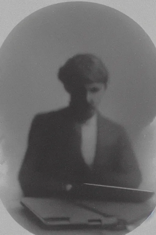 Image similar to 1 9 0 0 s photo of a person on a macbook pro old photo grain double exposure masterpiece